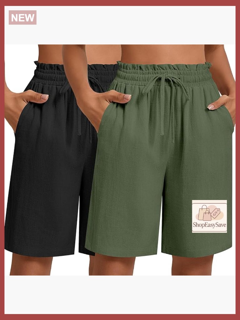 Women's Linen Drawstring Bermuda Shorts High Waisted Wide Leg With Pockets